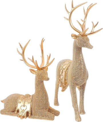 Xmas Resin Deer Figurines, Golden Elk Statue Pair for Mantel