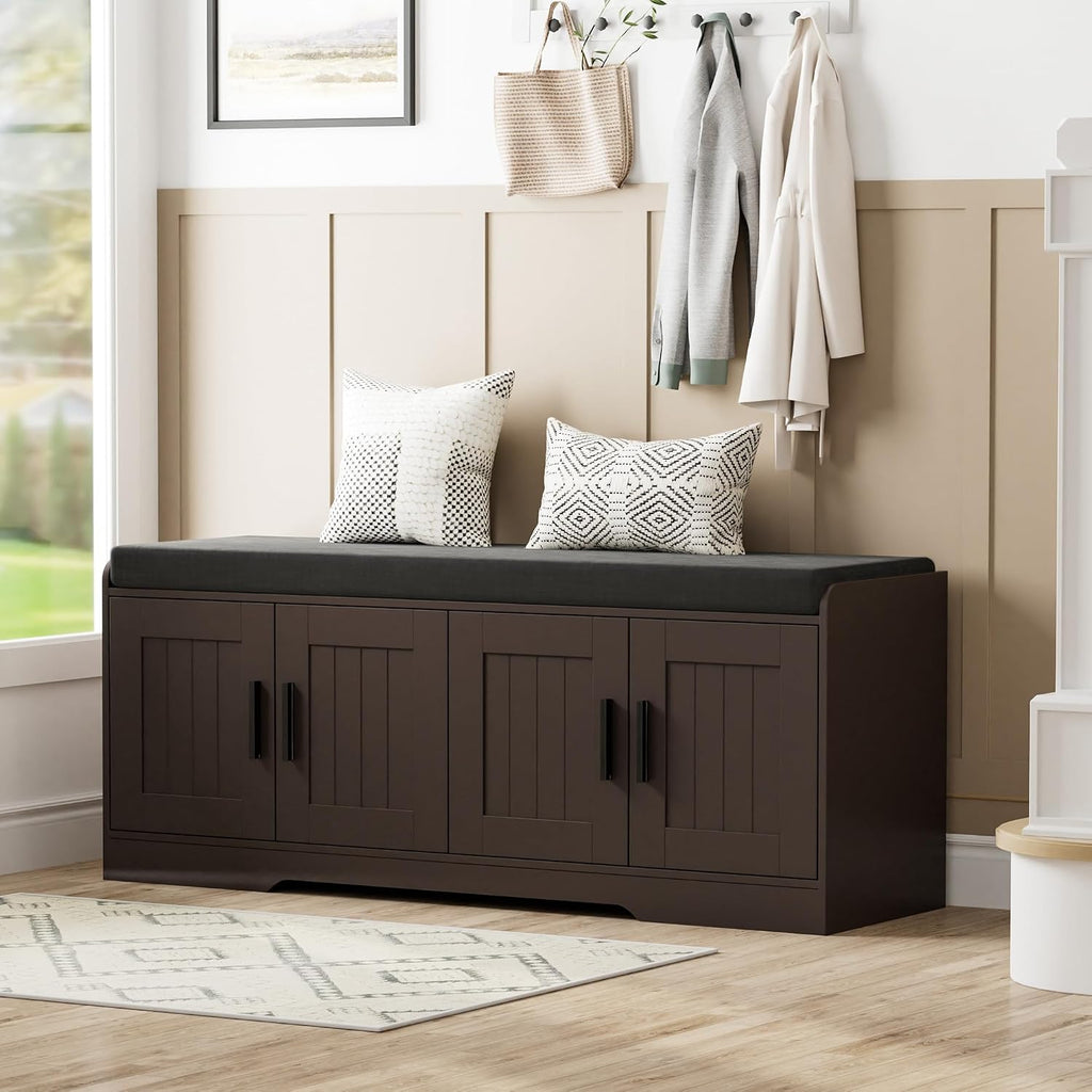 2-Tier Storage Bench, Shoe Bench with Thickened Padded Seat Cushion, Entryway Bench with 4 Doors, Adjustable Shelf