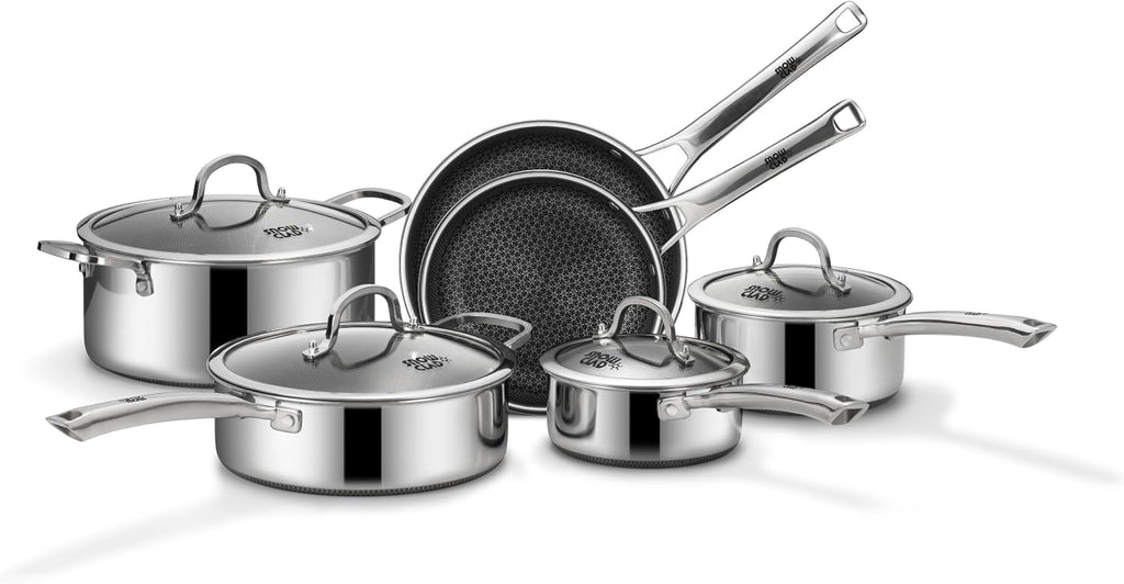 Pots and Pans Set Non Stick | Stainless Steel Kitchen Cookware | 10 Pcs | PFOA Free | Hybrid | Induction Compatible |