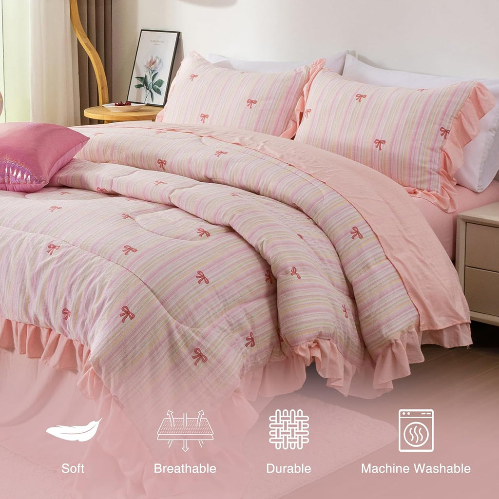 A Nice Night Rainbow Stripes & Bows Bedding Set,Ruffle 6 Piece Bed in a Bag Matching Sheet Set,Princess Style Chic Bow