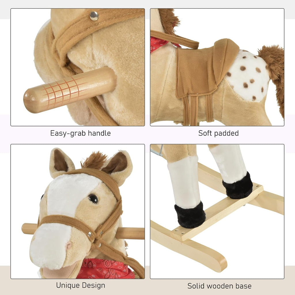 Kids Plush Ride-On Rocking Horse Toy with Fun Realistic Sounds Beige