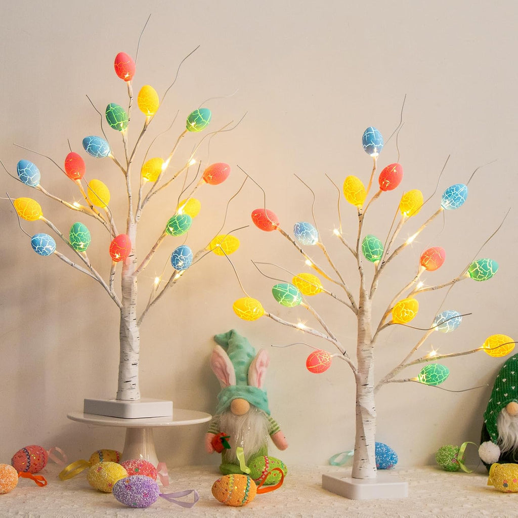 Easter Decorations, 2 Pack Lighted Easter Tree Battery Operated with Timer, 22 Inch LED Birch Tree with 36 Egg - Set of 2