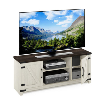 Jensen Farmhouse Barn Door Living Room TV Stand with Storage Cabinets for TV up to 70 Inch, Ebony/White Wash