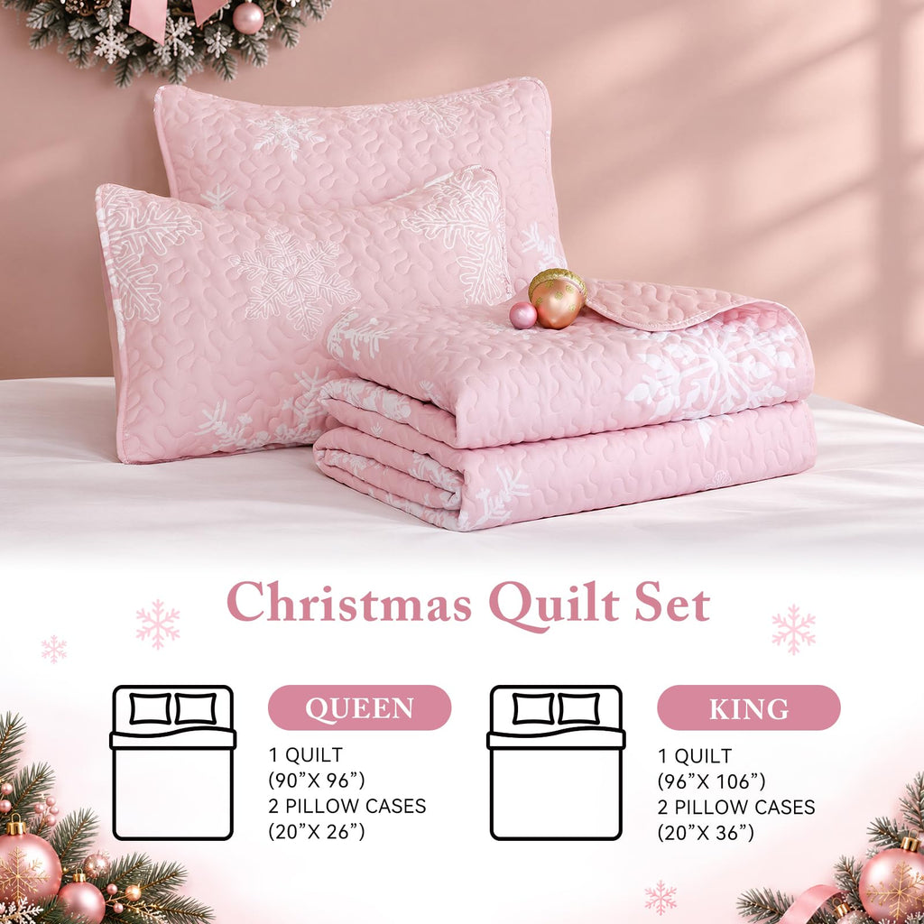 Christmas Quilt Set King Size, Pink Snowflake Christmas Bedding