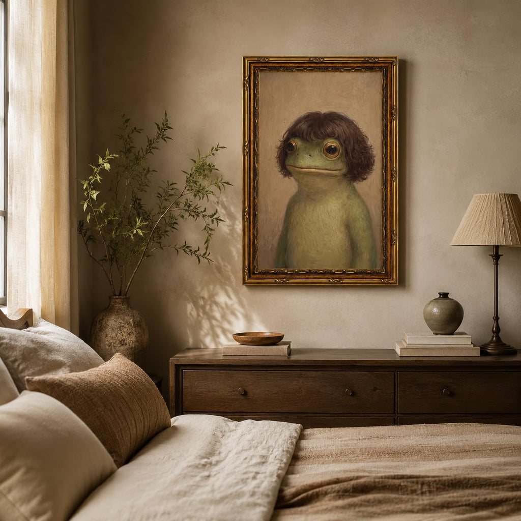 Gold Framed Funny Frog Portrait Wall Art, Quirky Canvas Print, 24x16