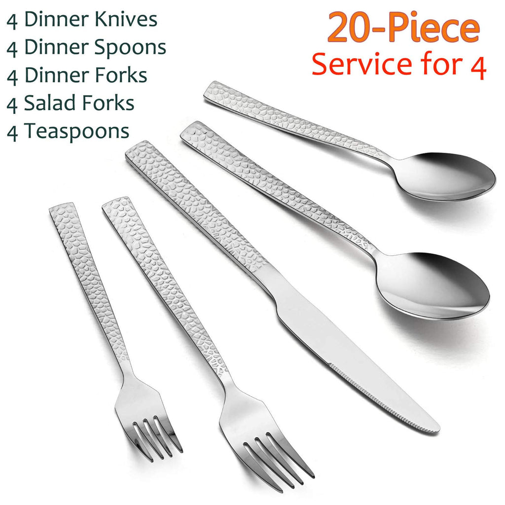 Hammered Silverware Set, Stainless Steel Square Flatware Set Service for 4, Tableware Cutlery Set Includes
