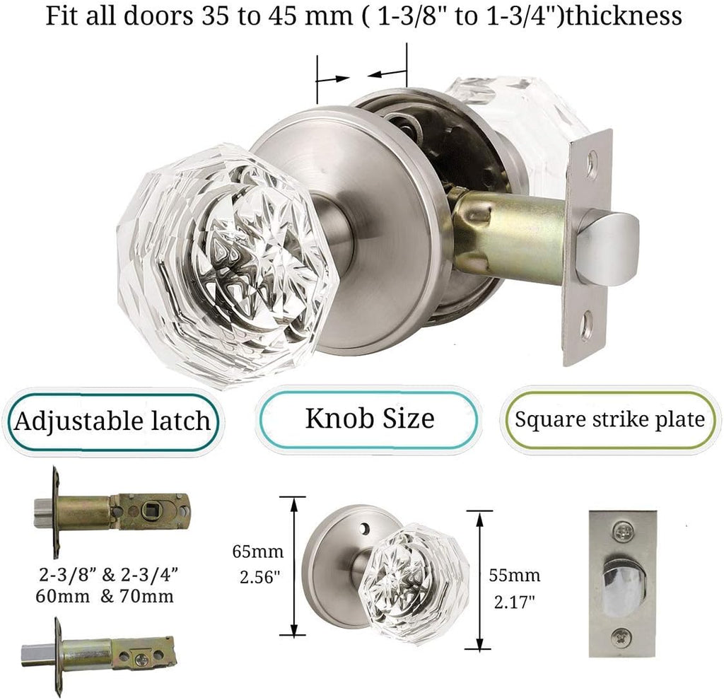 Passage Door Knobs Satin Nickel,Clear Glass Door Knob Interior,Keyless Crystal Doorknob with Lock(Hall/Closet)