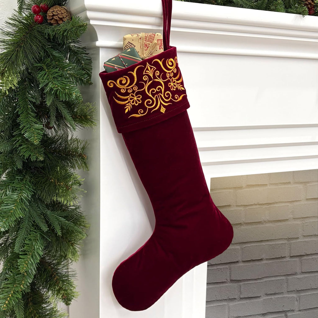 Set of 3 Velvet Christmas Stockings with Gold Damask Embroidery and Microfiber Lining, Oversized 24-Inch Cuff-to-Toe
