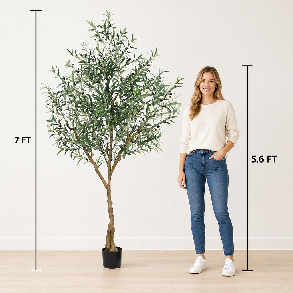 Olive Trees Artificial Indoor, 7FT Tall Faux Olive Tree with Lush Leaves and Lifelike Fruits, Artificial Plants in