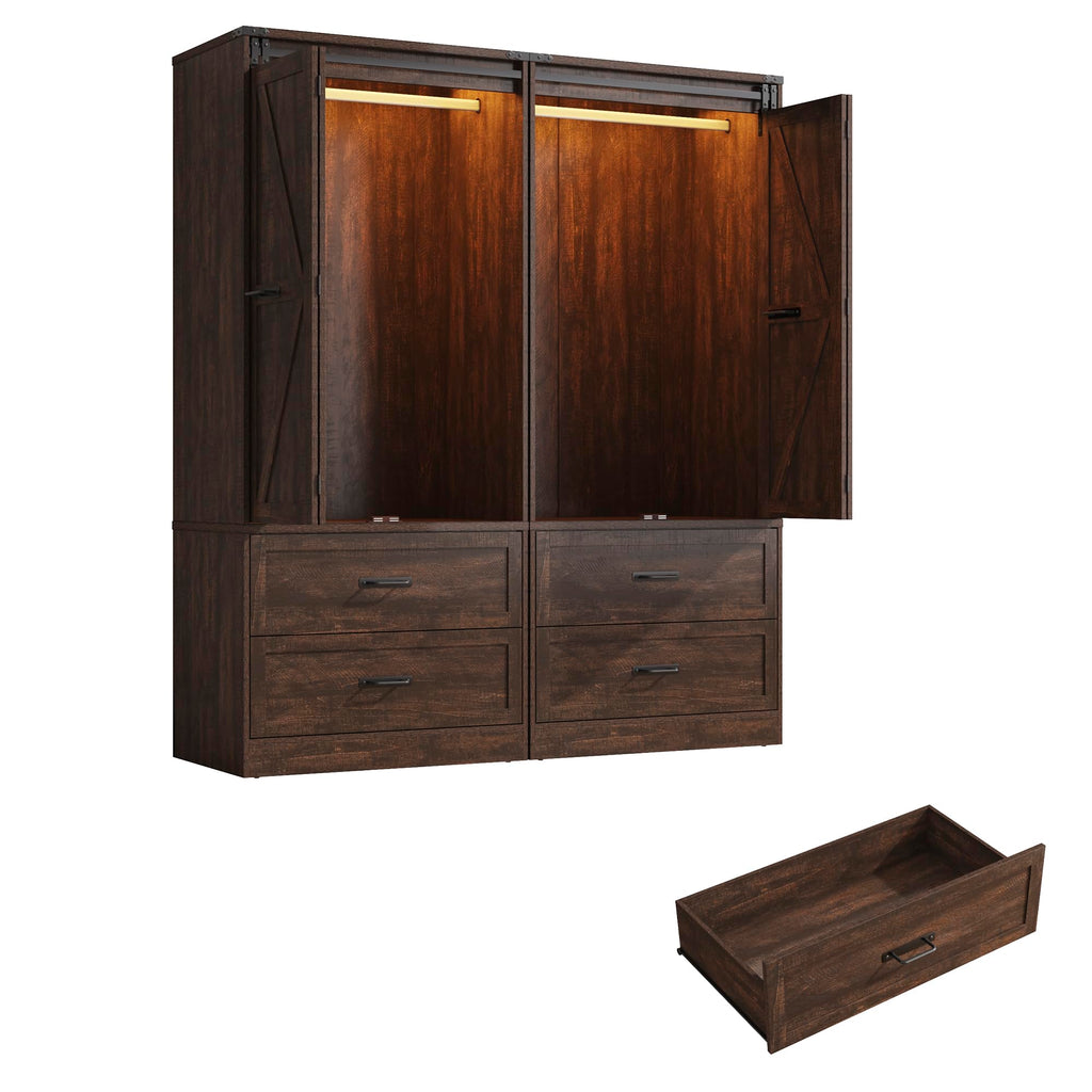 Farmhouse Wardrobe Armoire Closet with 4 Doors and 4 Drawers, Brown