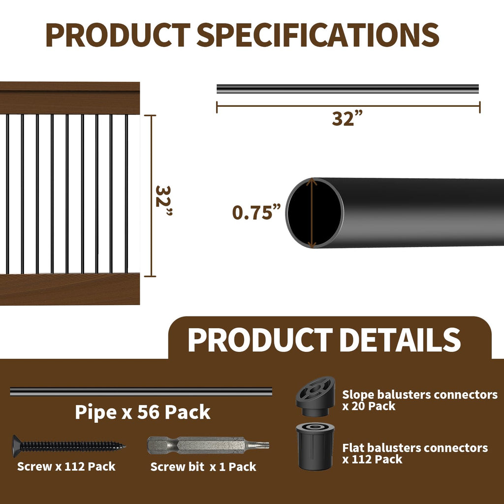 Aluminum Deck Balusters with Anti-UV Black Baluster Connectors, 3/4" Black Aluminum Deck Spindles, Hollow Round