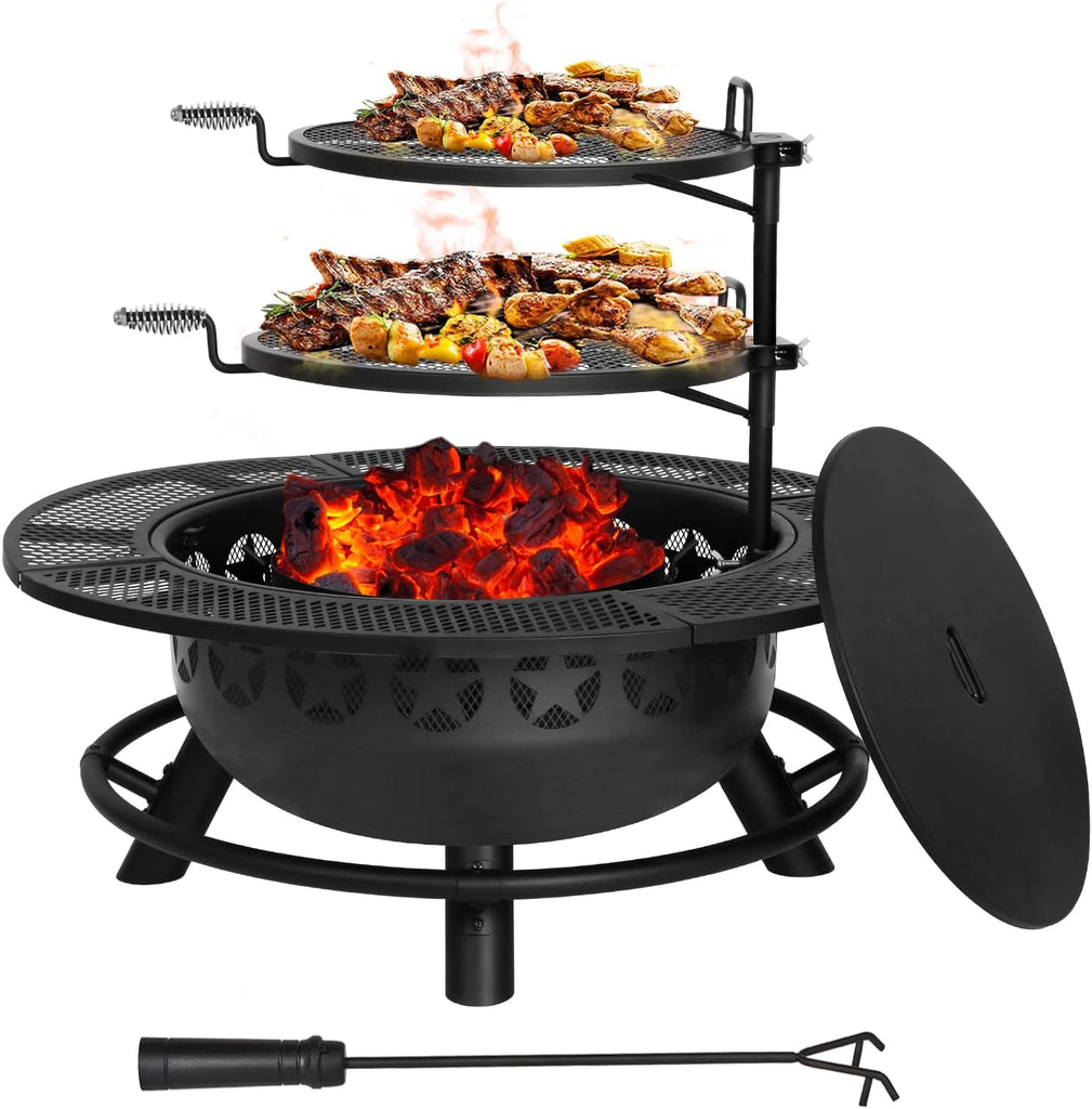 35 Inch Fire Pit with 2 Cooking Grate & Charcoal Pan, Outdoor Wood Burning BBQ Grill Firepit Bowl with Cover Lid, Steel Round Table for Backyard
