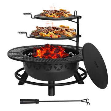 35 Inch Fire Pit with 2 Cooking Grate & Charcoal Pan, Outdoor Wood Burning BBQ Grill Firepit Bowl with Cover Lid