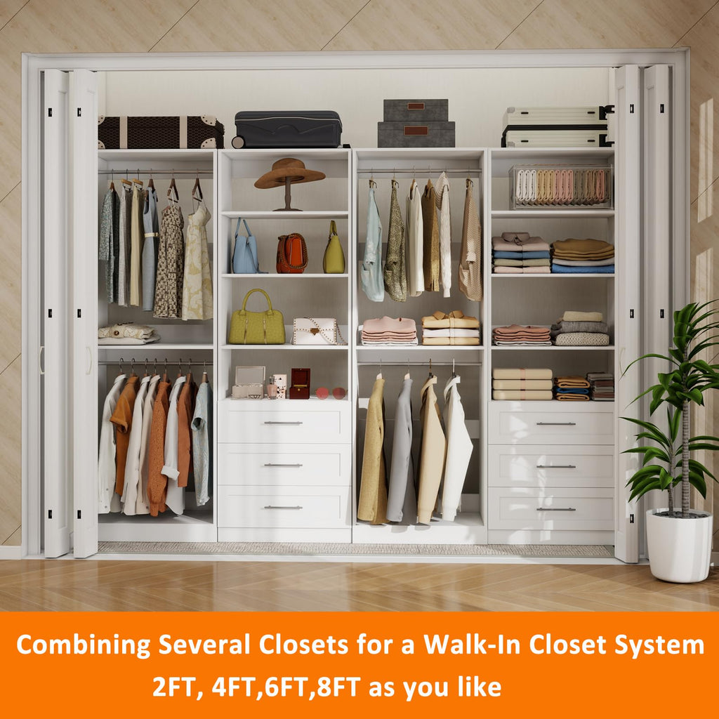 Closet System with 6 Drawers, 8FT-21FT Wooden Organizer System
