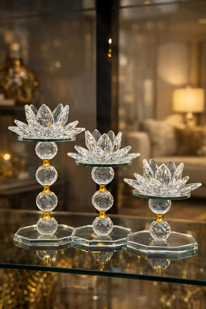 Quality Crystal Lotus Flower Candle Holder Set Gold Accents 3 Piece Glass - Gold