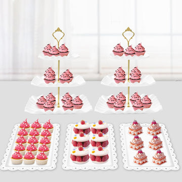 Dessert Table Display Set- 3 Tier Cupcake Stand & Serving Tray - Set of 5