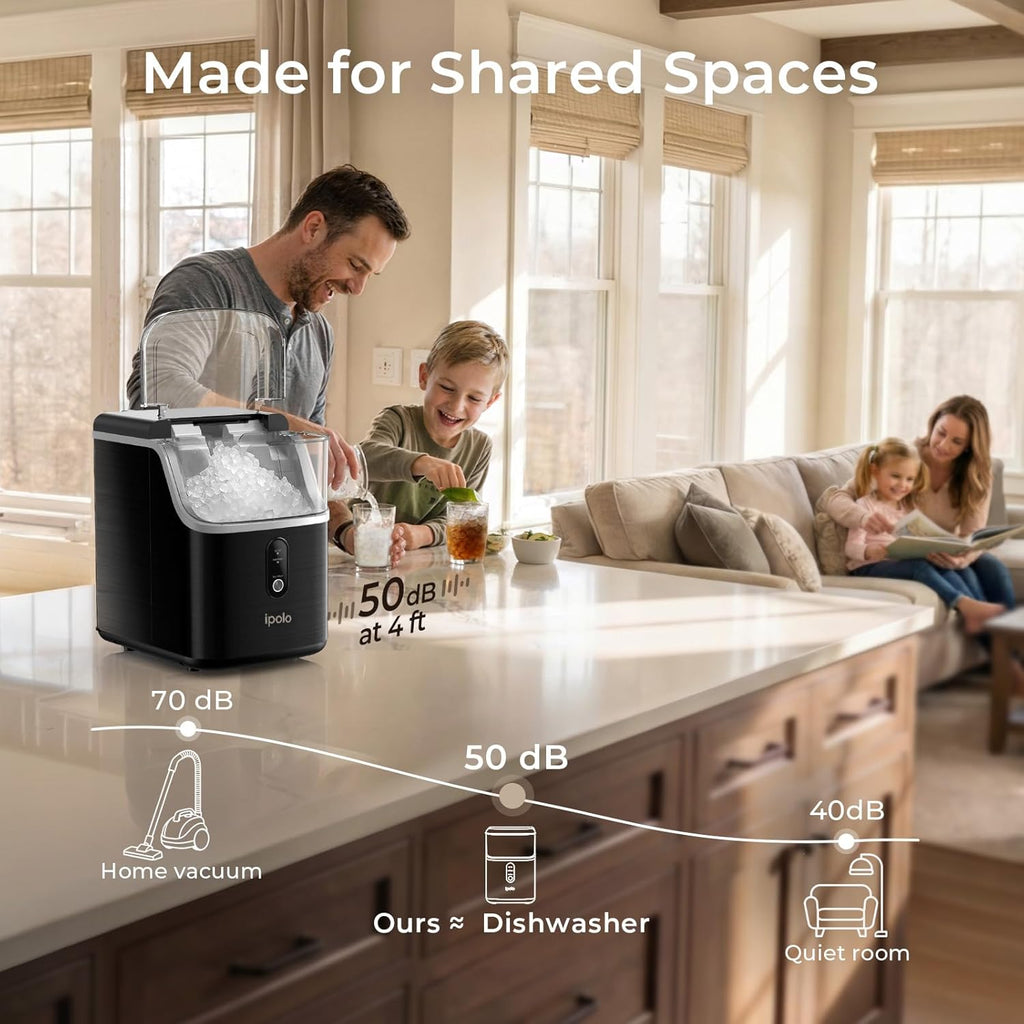 Nugget Ice Maker Countertop: 33lb/Day, Self-Cleaning, Black Stainless Steel, Portable, Soft Chewable Pebble Ice