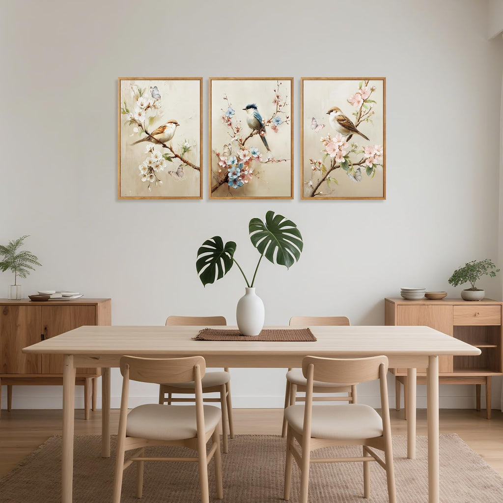 Bird and Blossom Framed Canvas Wall Art Set Of 3, Vintage Floral Wall Decor, Retro Nature Avian Floral Wall Painting