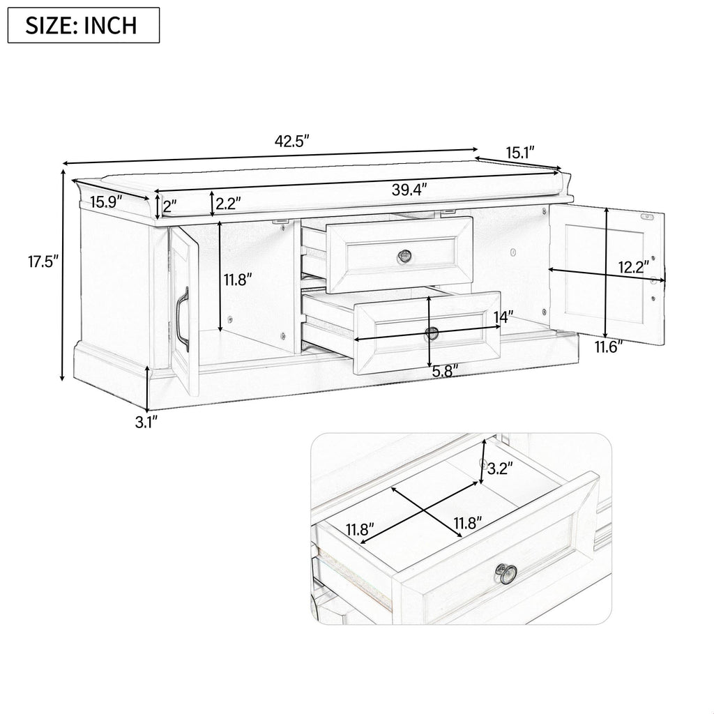 Rustic Storage Bench with 4 Doors 2 Draws Adjustable Shelves Removable Cushion Rectangular Cabinet Foot Rest Stool