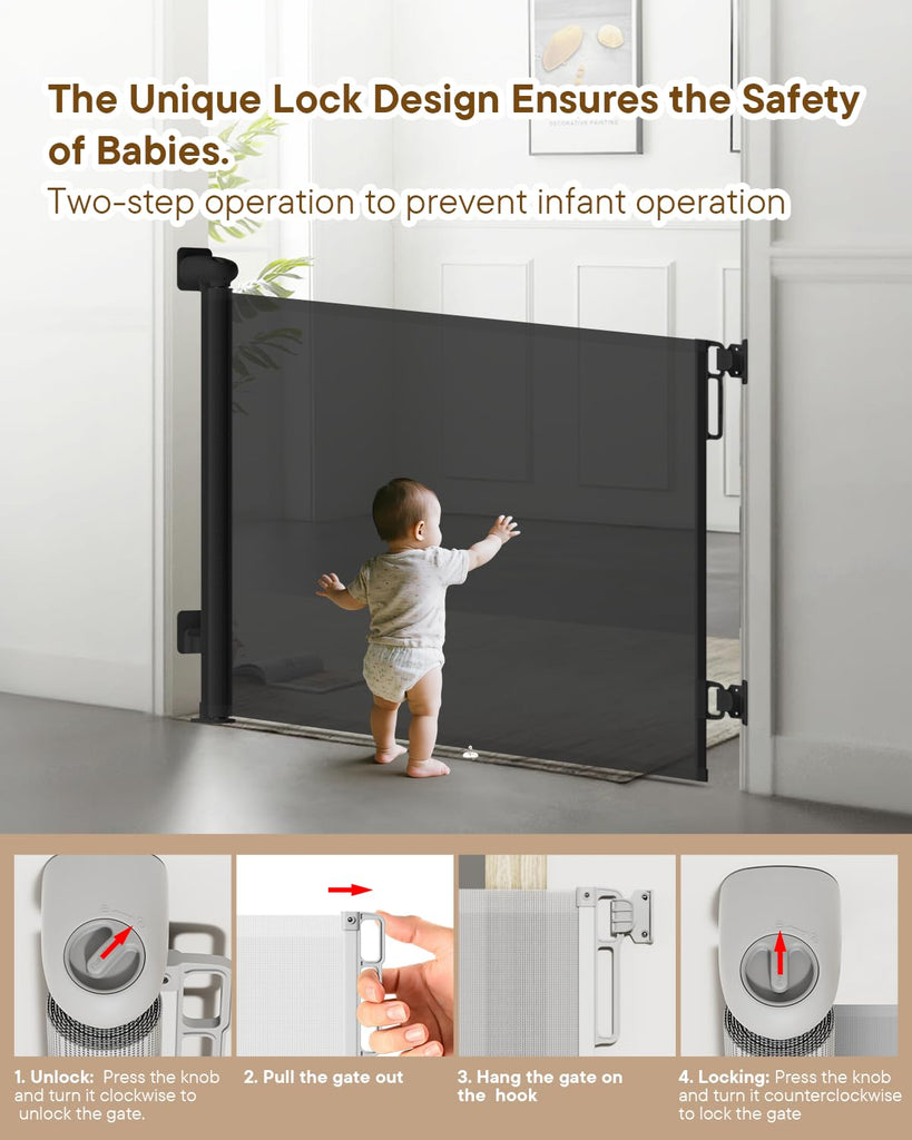Retractable Baby Gates, 34" Tall Fits Up to 55" Wide, Black