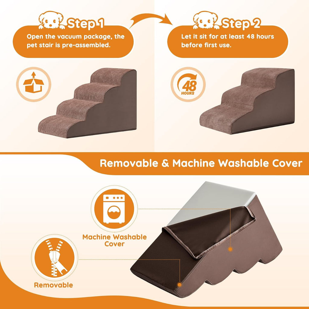 Dog Stairs for Small Dogs 22.6" H, Dog Ramp for Bed, 5-Step, Coffee