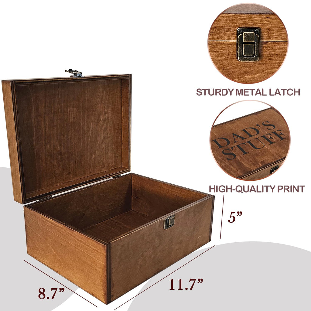 Dad Gifts, Wooden Dad's Stuff Storage Box, Large Rustic Wooden Keepsake Box 11.6" x 8.7" x 5", Engraved Memory Wood