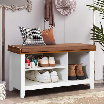 Shoe Storage Bench, White Shoe Entryway Bench with Seating Padded Cushion, Freestanding Shoe Rack Organizer Hallway
