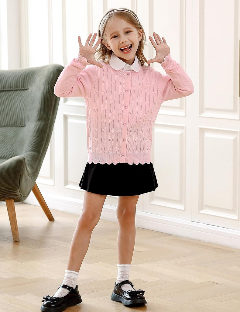 Girls Cable Knit Cardigan Kids Button Up Uniform Sweater Tops