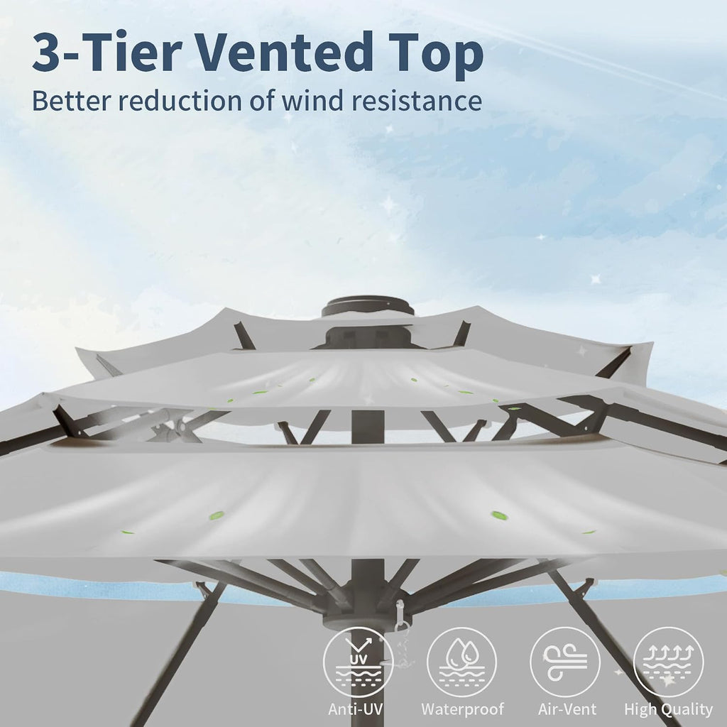 9FT 3 Tiers Patio Umbrella With Auto Tilt And Crank, Outdoor Table Market Umbrella with 8 Sturdy Ribs and Pool