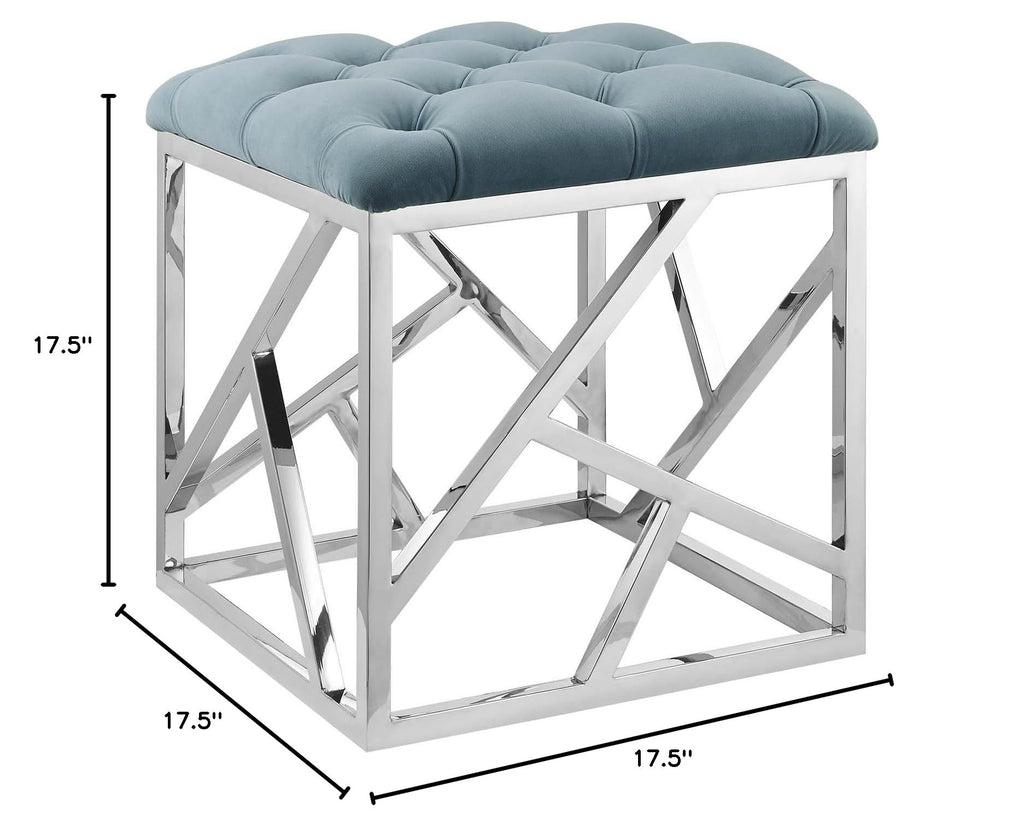 Intersperse Tufted Modern Ottoman with Silver Stainless Steel Geometric Frame in Sea Blue