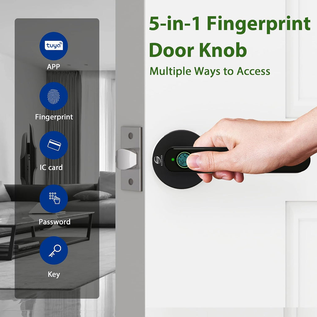 Fingerprint Door Lock, 5-in-1 Smart Door Knob with Handle, Biometric Keyless Entry with Keypad and App Home Office