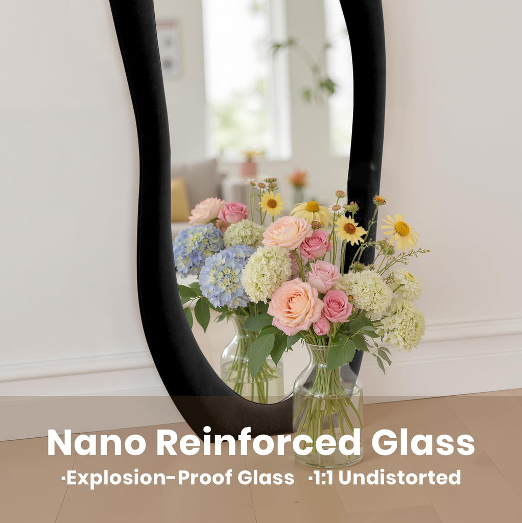 Full Length Mirror 63"x24" Irregular Full Body Wall Mounted Floor Mirror with Stand Black Flannel Wrapped Frame