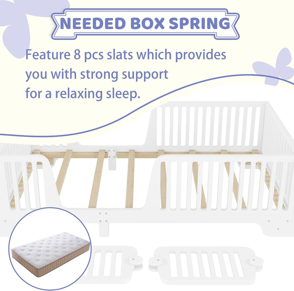 Floor Bed with High Fence Rails, Wooden Montessori Bed Frame with Detachable Door & Slats, Low Profile Beds