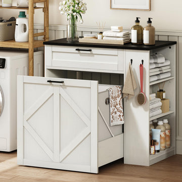 Laundry Hamper Cabinet, Double Laundry Cabinet with Two 11 Gallon Baskets and Drawer, Pull-Out Storage Unit with