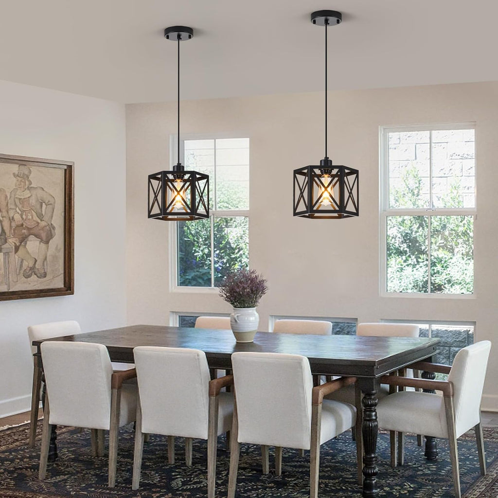 2 Pack Farmhouse Pendant Lights, Modern Black Hanging Light Fixture with Hexagonal Cage, Industrial Metal Ceiling