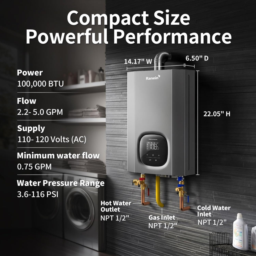 Natural Gas Tankless Water Heater, Indoor Max 4.3 GPM, 100, 000 BTU Instant Hot Water Heater