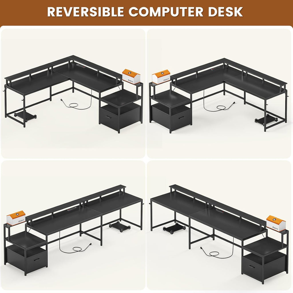 L Shaped Gaming Desk, 66" Home Office Desk with Wood File Drawer & Power Outlet