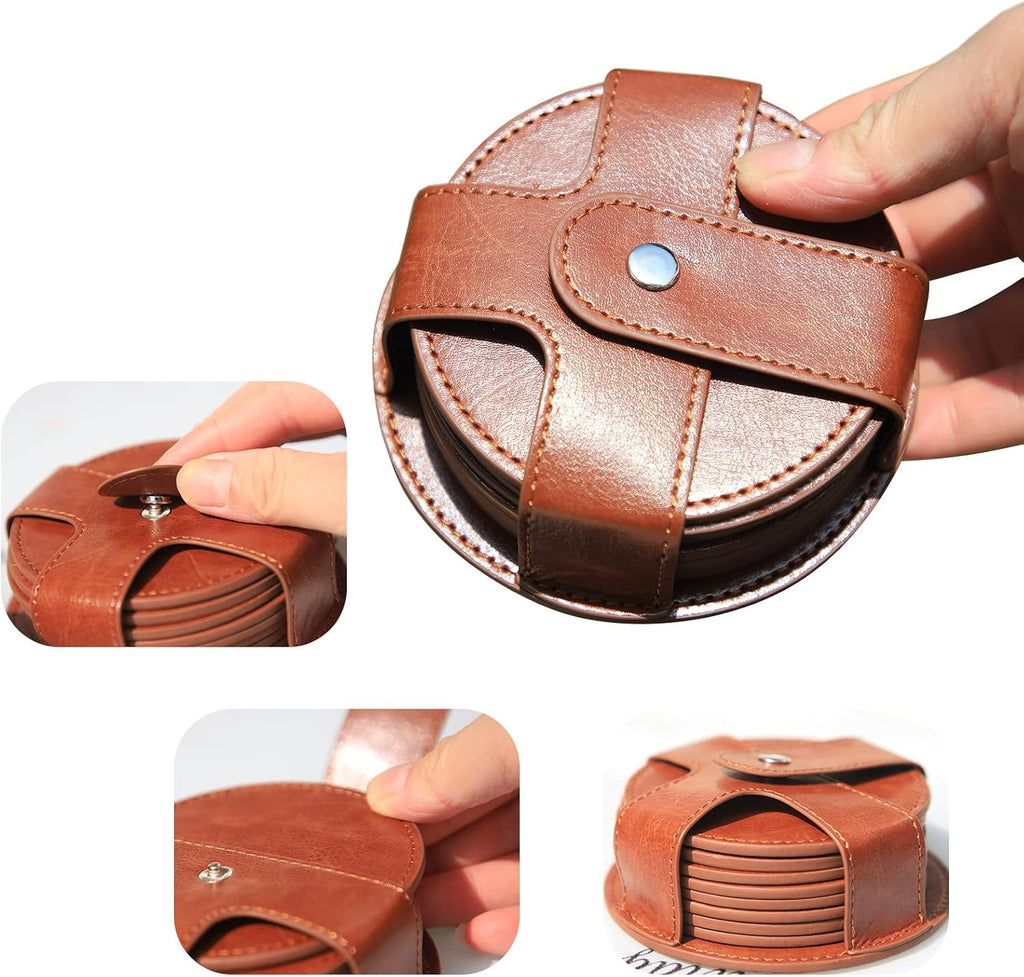 PU Leather Coaster with Holder, Durable and Non-Slip Coaster for Protection Tabletop, Wooden Table, Desk, Bar - Set of 8