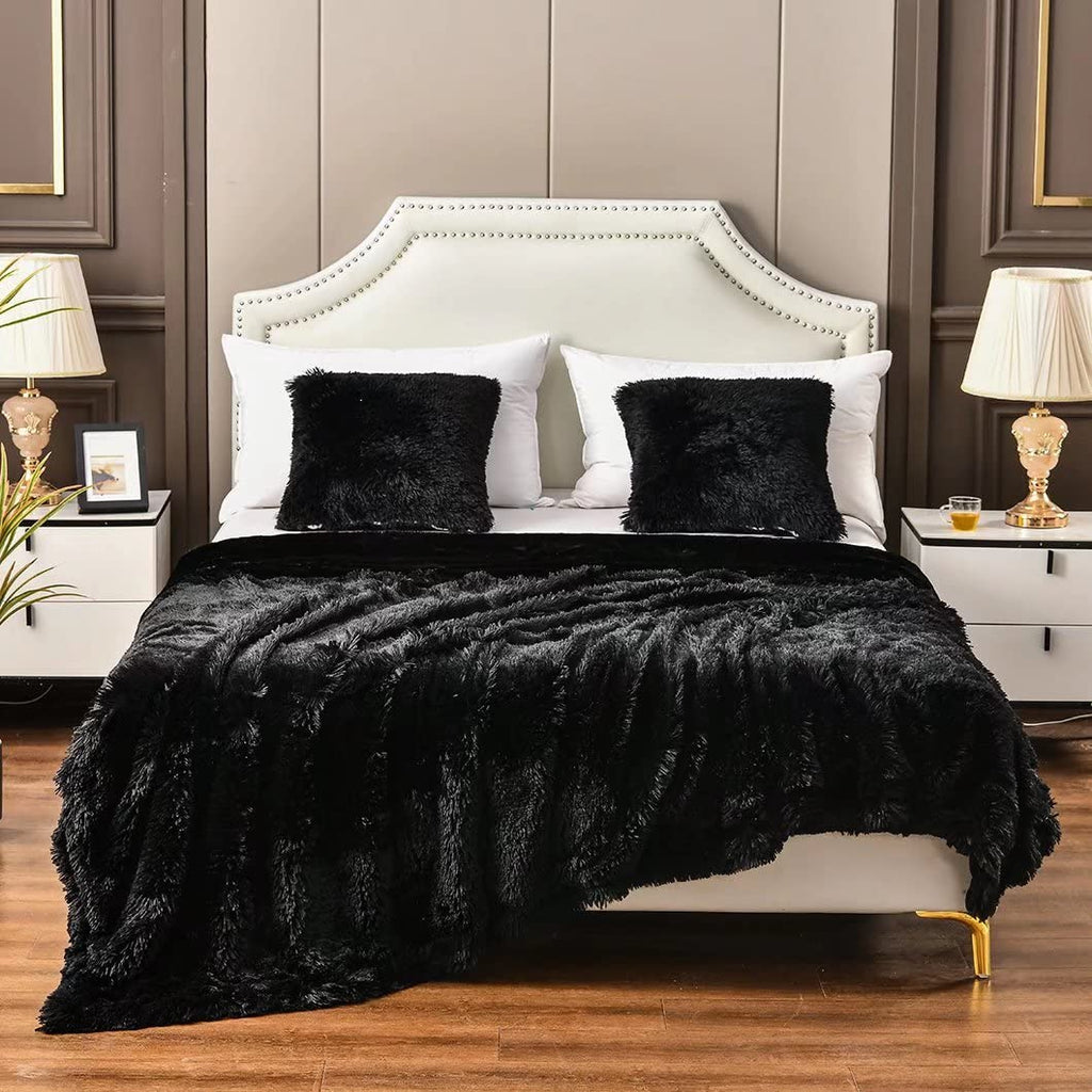 Black Queen Faux Fur Blanket, 2 Layers, 90"x90" Without Pillows Big Soft Plush Fuzzy Large Warm Fluffy Throw Blanket