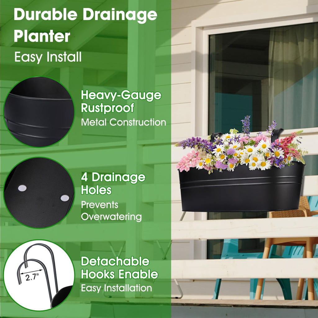 Railing Planter Box, 16" Large Hanging Planters for Outdoor Plants, 3 Pack