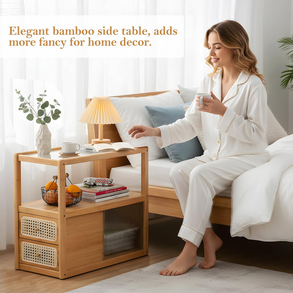 Rattan Nightstand, Bamboo with Glass Top & Storage, Wood