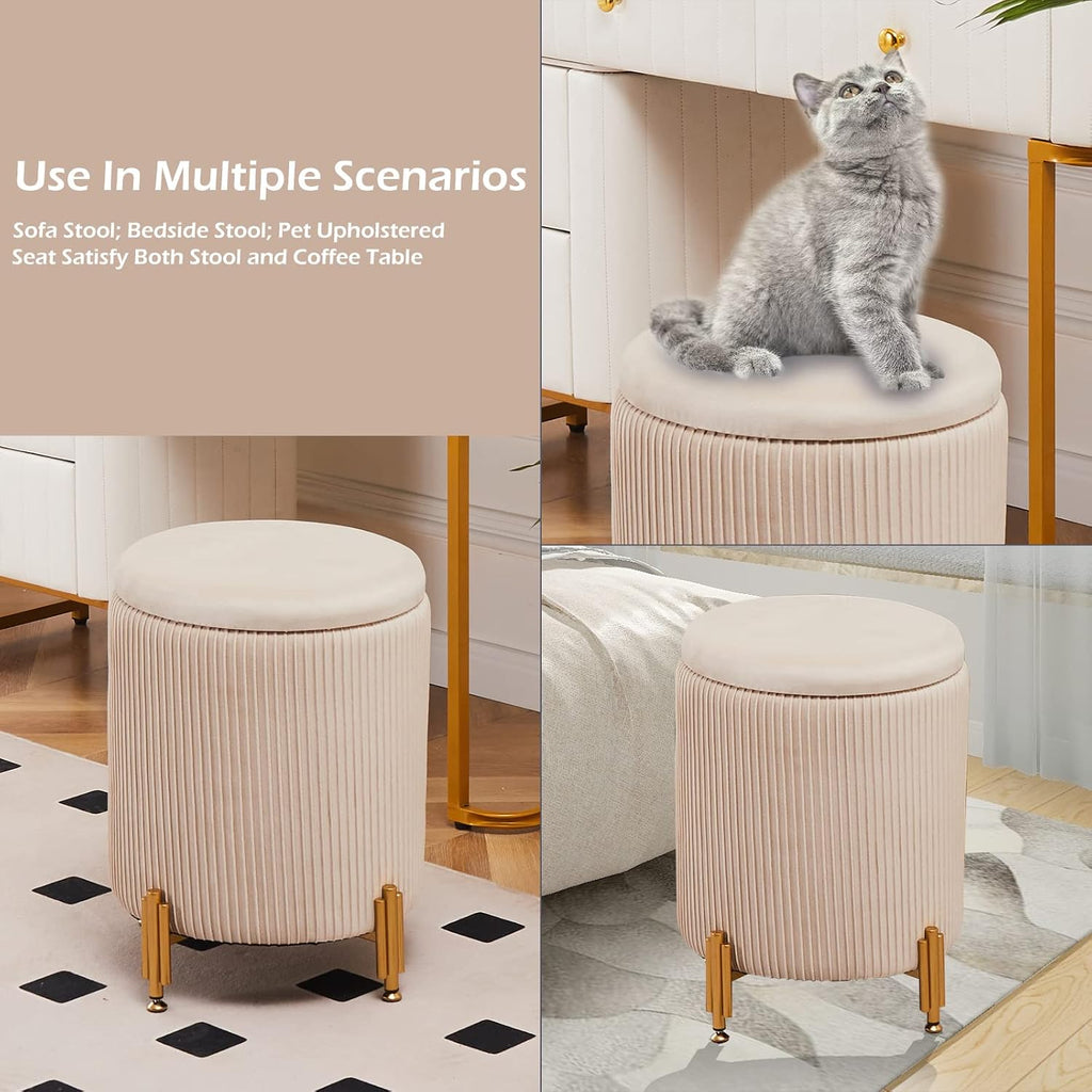 Round Ottoman Foot Stool with Storage and Metal Legs Bedroom, Velvet Upholstered Footrest Stool Support 300lbs Modern