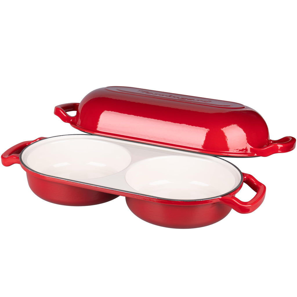 Enameled Cast Iron Double Dutch Oven with Lid, Dual Round Loaf Pan, Bread pan made Sourdough Bread Baking, Red