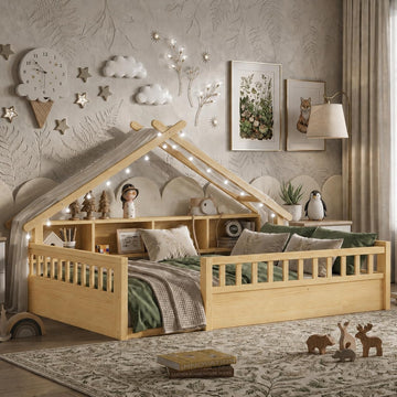 Floor Bed with Storage Bookshelves and Light, Wooden Montessori House Bed Frame with Roof Shape, High