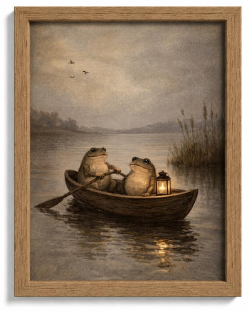Framed Whimsical Frog Boat Ride Canvas Wall Art, Vintage Lantern Lake Painting, Cute Amphibian Rowing Print Wall