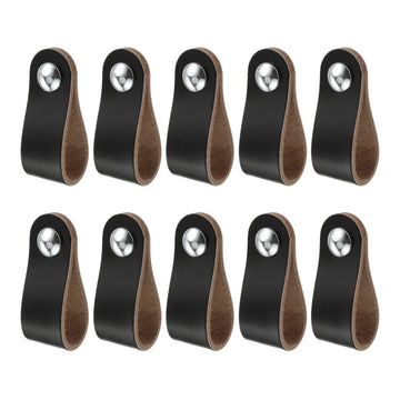 10 Pack Leather Drawer Pulls with Short and Long Screws, Black