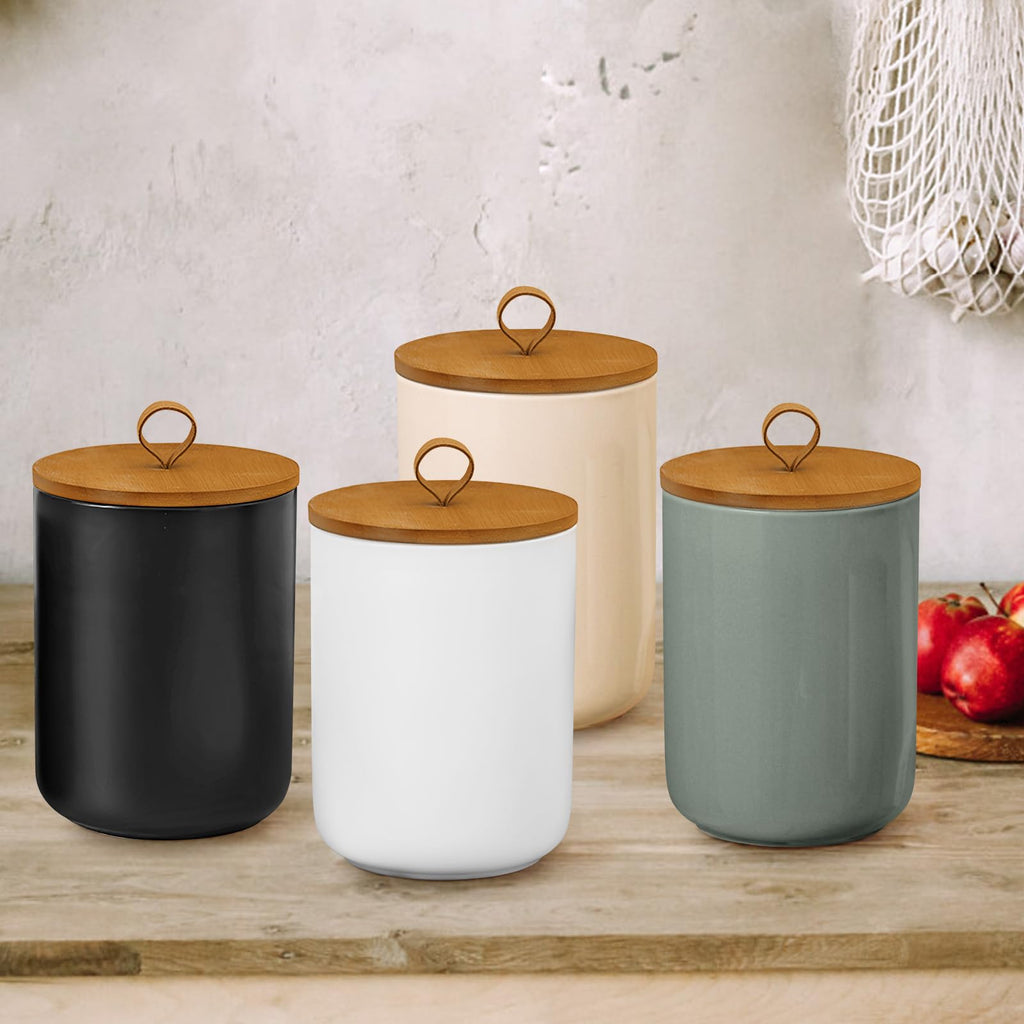 Ceramic Storage Jars, Modern Airtight Canisters with Wooden Lid (Light grey)