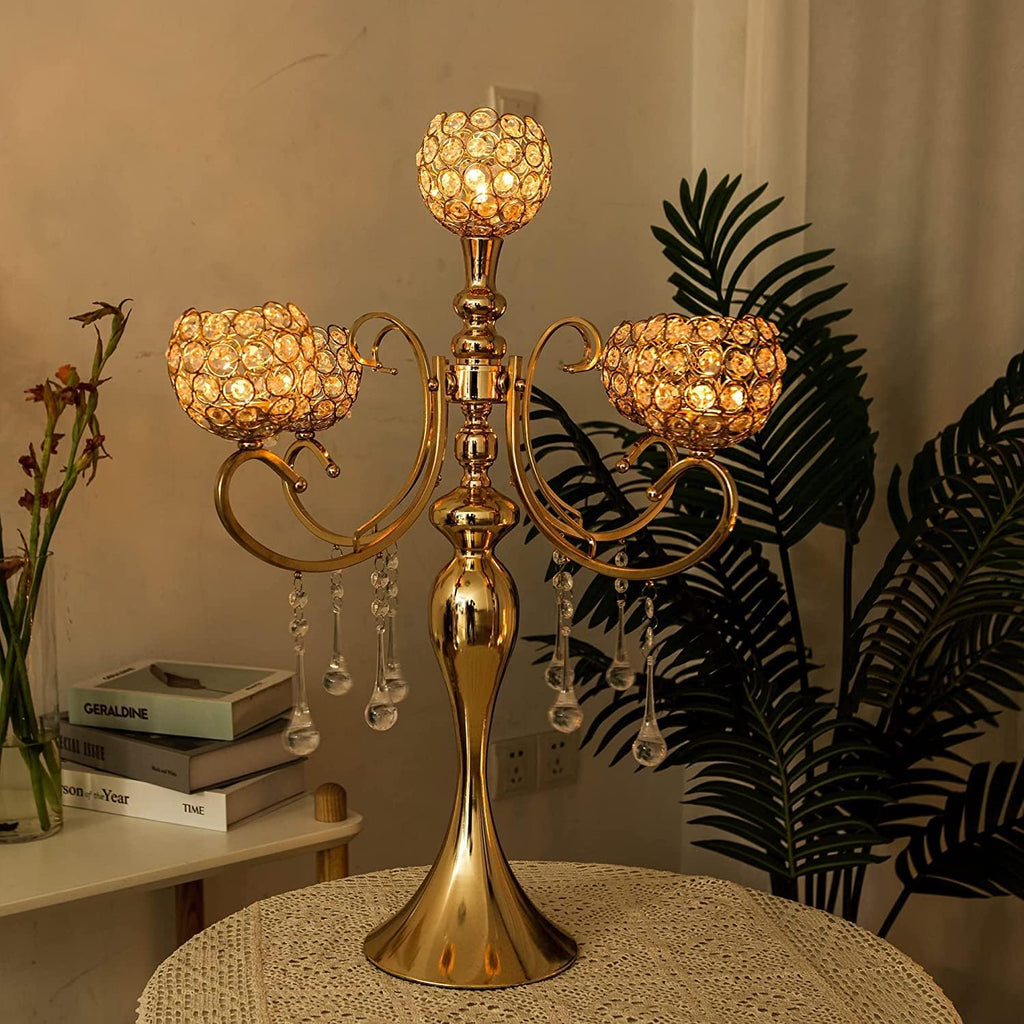 Gold Centerpiece for Table, 25.6in Candle Holder for Table Centerpieces, 5Arms Tall Crystal Candelabra Candle Holder