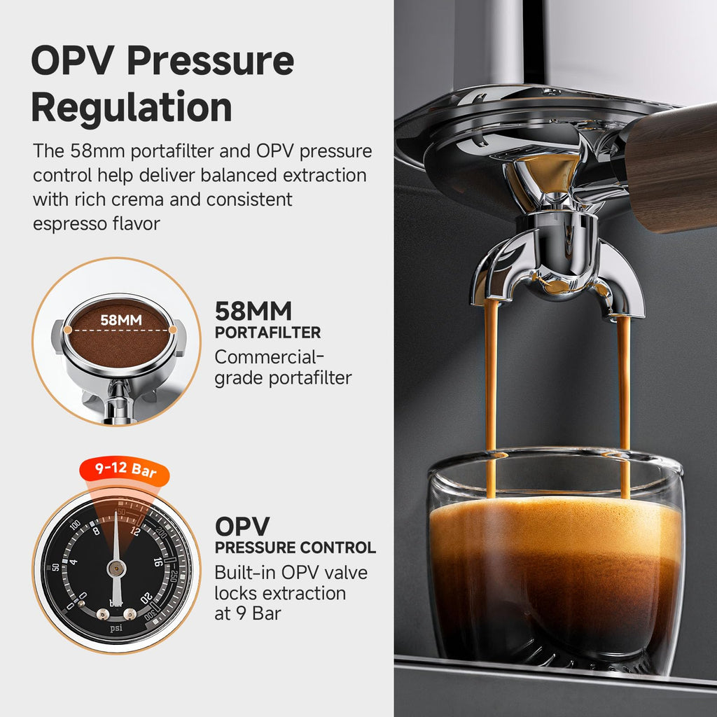 9 Bar OPV Espresso Machine with Automatic Milk Frother, Dual Boiler