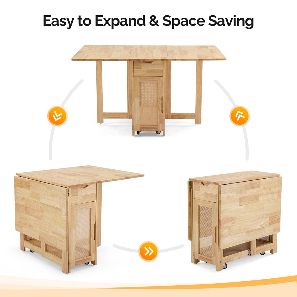 5-Piece Folding Dining Table Set, Extendable Drop Leaf Solid Wood Table with 4 Chairs, Drawers & Wheels, Space-Saving